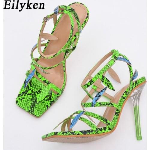 Eilyken Fashion Leaves Design Green Snake Print Summer Sandals Women Party Shoes Ankle Buckle Strap Transparent Crystal Heels