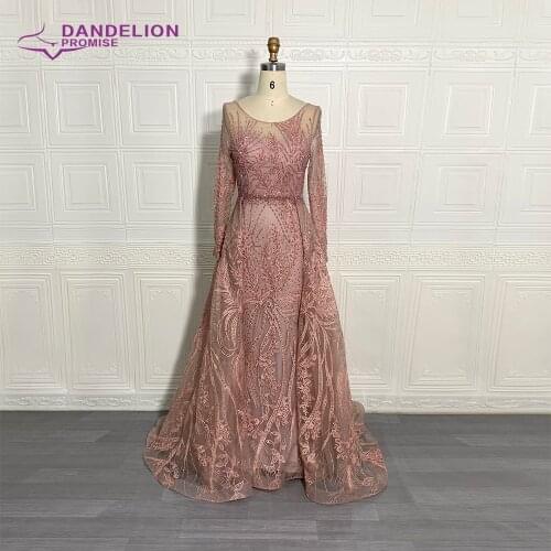 Elegant Lace Long Sleeve Muslim Evening Dress For Women 2021 Arabic Dubai O-Neck With Train Luxury Formal Party Gowns