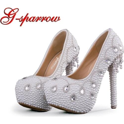 Elegant Wedding Shoes Woman Handmade High Heels White Pearl Princess Bridal Dress Shoes Rhinestone Adult Ceremony Party Pumps