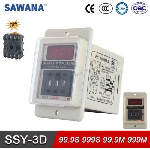 Electronic Time Relay AC220V 380V DC24V 999M 99.9S 99.9M 999S SPDT SSY-3D With Base Non-inductive Load Digital Variable Relays