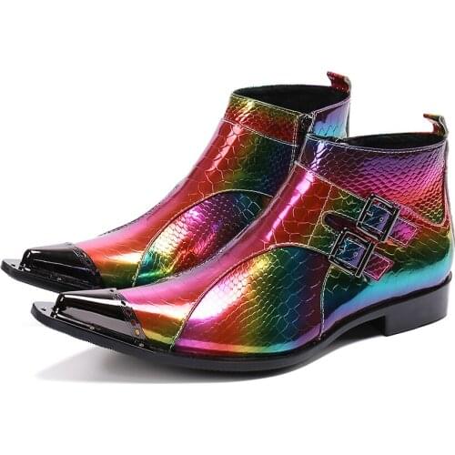 Brand Design Mens Boots Pointed Metal Toe Leather Ankle Boots for Men Color Party Wedding Shoes for Men Botas Hombre