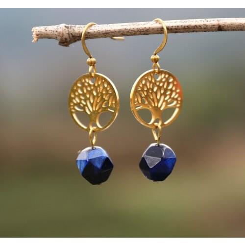 Blue Tiger Eye Stone Stainless Steel Tree of Life Earrings for Women Teardrop Dangle Earring Cute Elegant OL Jewelry Femme
