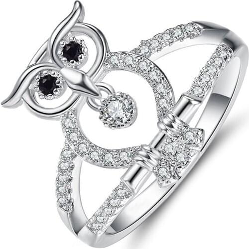 Hainon New Fashion Brand Design New Classical Silver Color Rings Jewelry Black Crystals Eyes Owl Ring For Women/ Men Jewelry