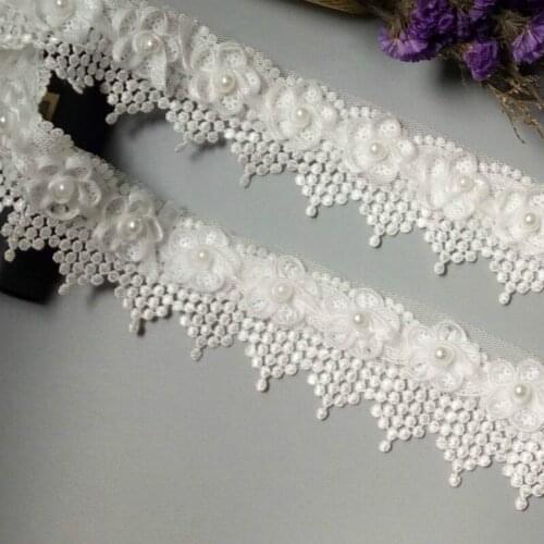 1 Yard White Pearl Tassel Plum Flowers Pearl Lace Trimmings Ribbons Beaded Lace Fabric Embroidered Sewing Wedding Dress DIY