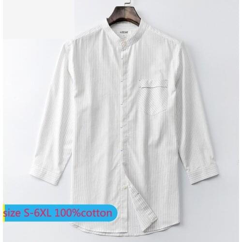New Arrival Fashion Summer Seven Sleeve Shirt Men Pure Cotton Stripe Casual Shirts Casual Striped Plus Size SMLXL2XL3XL4XL5XL6XL