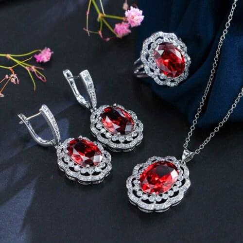 New Trend Ruby AAA Zircon Cocktail Party Jewelry Set Elegant Women Silver 925 Necklace Earrings Ring Jewelry Sets Gifts