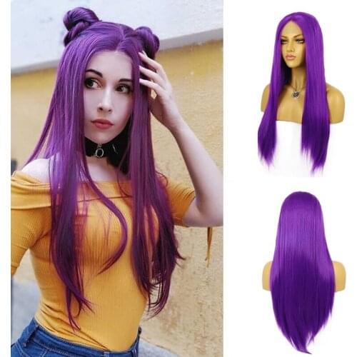 AIMEYA Long Silky Straight Noble Purple Synthetic Lace Front Wig for Women High Temperature Long Lace Wig Cosplay Wigs