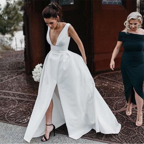 2020 Sexy A-line Wedding Dresses Deep V-neck White Ivory Satin Wedding Gowns Front Split Custom Made Beach Bridal Dresses Simple