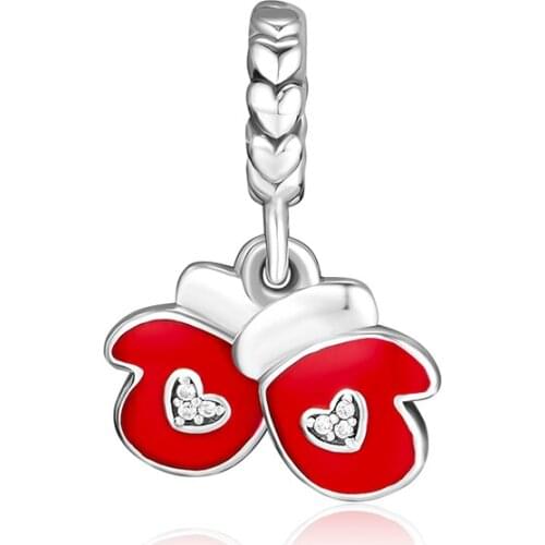 Fits for Pandora Charms Bracelets Festive Glove Beads with Berry Red Enamel 100% 925 Sterling Silver Jewelry Free Shipping