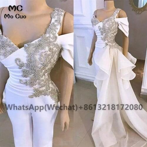 Luxury 2021 White Jumpsuit Prom Evening Dresses Long with Jewels Beaded Pleat Ruched Girls Evening Party Gowns