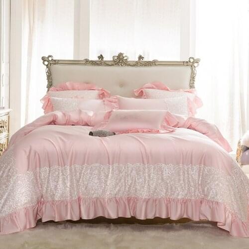 Luxury Soft Satin 1000TC Egyptian Cotton Princess Wedding Bedding Set Lace Ruffles Embroidery Duvet Cover Bed Linen Pillowcases