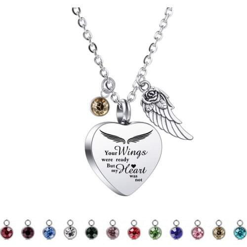 Heart Cremation Jewelry Urn Necklace Birthstones With Angel Wing for Human Pet Stainless Steel Ashes Necklace Memorial