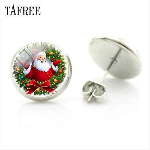 TAFREE Boutique Glass Cabochon Snowman Stud Earring Christmas Round Photo Dome For Women Gift festival decoration jewelry C55-25