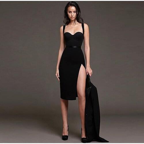 Willbenice 2020 New Black Bodycon Bandage Dress Women Sexy Spaghetti Strap Side Split Club Bandage Dress Celebrity Party Plus XL