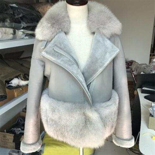 Winter sheep shearing fur one piece coat luxury real fox fur collar short paragraph genuine leather jackets female AS-10