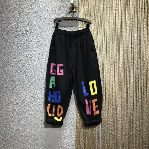 Hip Hop Elastic High Waist Harem Pants Women Loose Fit Hole Ripped Printed Jeans New Summer Casual White Black Red Denim Pants