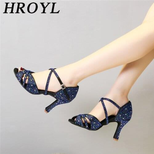 Womens Latin Heeled Shoes For Dancing Blue Salsa Ballroom Dance Shoes Sandals Rhinestones Tango Jazz Wedding Party Dance Shoes