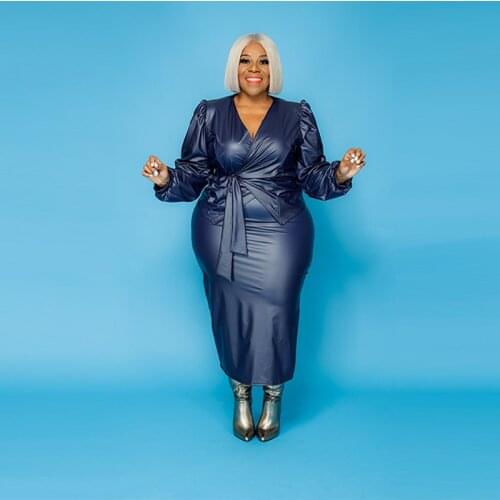 Plus Size 2 Piece Set Women High Waisted Skirt and Top Set Pu Leather Elegant Matching Sets Wholesale Dropshipping MH748