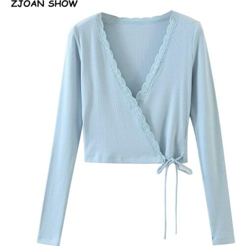 2020 Vintage Spliced Lace Cross V neck Tie Bow Rib Crop Cardigan Women Elegant Hem Bandage Sweater Long sleeve Short Jumper