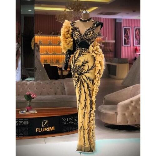 One Shoulder Ruffles Mermaid Prom Dresses Beaded High Neck Long Sleeve Evening Gowns Party Dress Special Occassion robe de soire