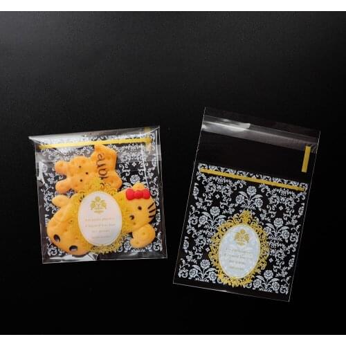 40Pcs Plastic Bags Golden Flower Cookie&Candy Bag Self-Adhesive For Wedding Birthday Party Gift Bag Biscuit Baking Packaging Bag