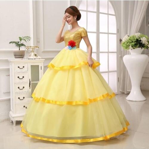 Free ship golden sequined flower waist ball gown fairy dress court princess Gown queen Victorian Belle /ball gown