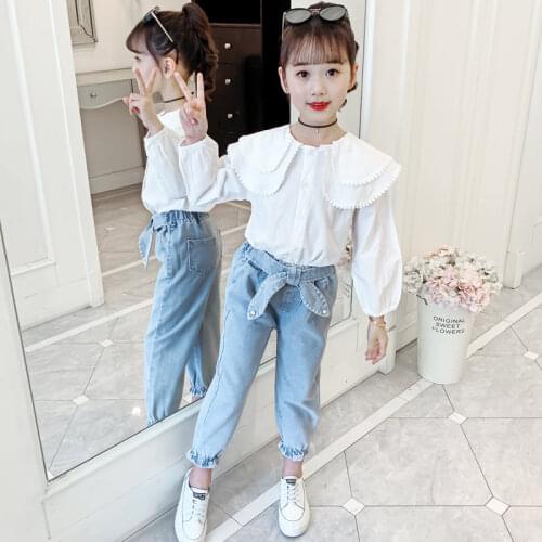 Fashion Double Collar Blouse+Pants with Bow Belt Child Girl Suit 2 Pieces Fashion Teenager Girls Clothing Sets 6 8 10 11 12 13 Y