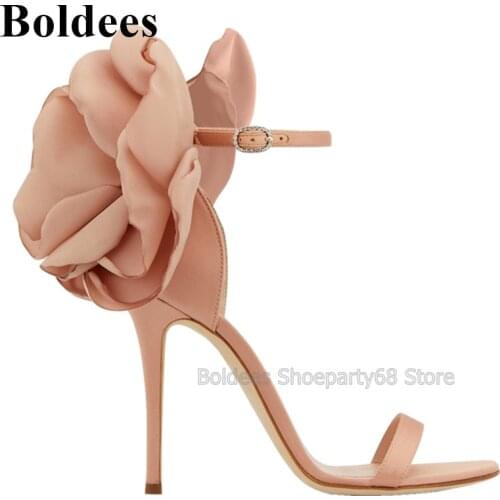 New Arrive Beige Black Thin High Heel Sandals Women Concise Designer Ankle Wrap Back Big Floral Flower Woman Evening Party Shoes
