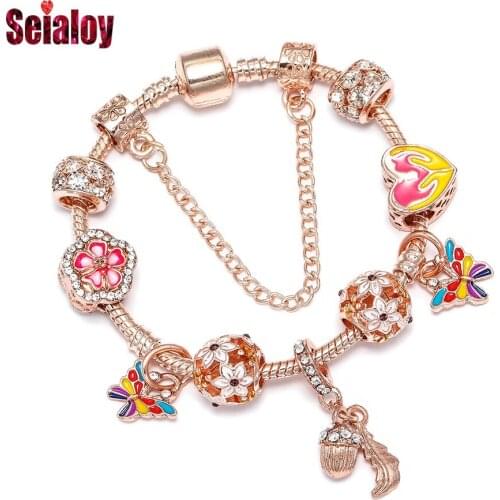 Seialoy Rose Gold Shiny Flower Beaded Acorn & Leaves Pendant Bracelets For Women Original Fine Butterfly Charm Bracelet For Girl