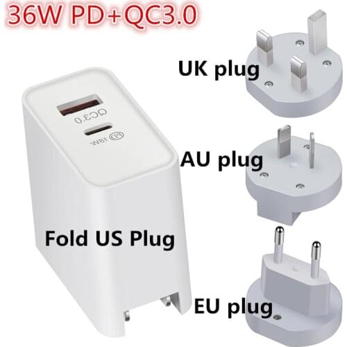 36W Fold US plug Fast Quick Charger Type C PD and QC 3.0 USB Charger for Samsung iPhone Huawei iPad Pro EU UK AU Plug Adapter