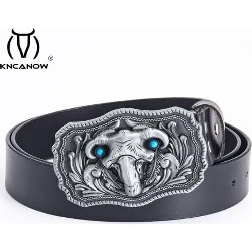Mens Cowboy Cowskin Leather Belt Golden Skull Bull Head Cow Cattle Pattern Metal Buckle Taurens Belts For Male Plus Size Strap