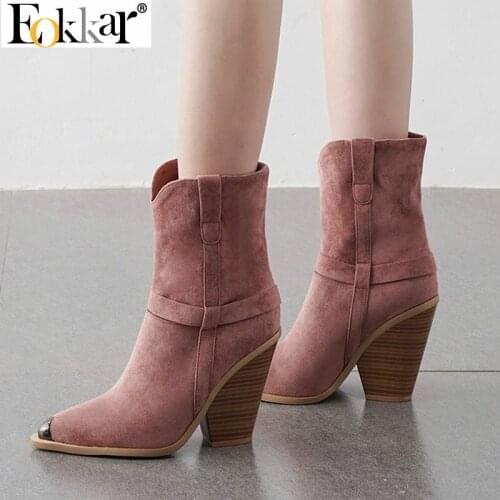 Eokkar 2020 Women Western Ankle Boots Pointed Toe Stack Heel All Match Winter Boots Cow Suede Cowgirl Boots Size 34-45