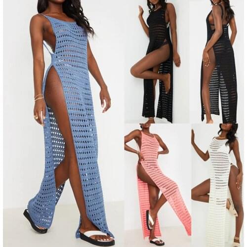 European and American 2021 hot open shoulder hollow out dress sexy womens high split knitting beach skirt Open back netting