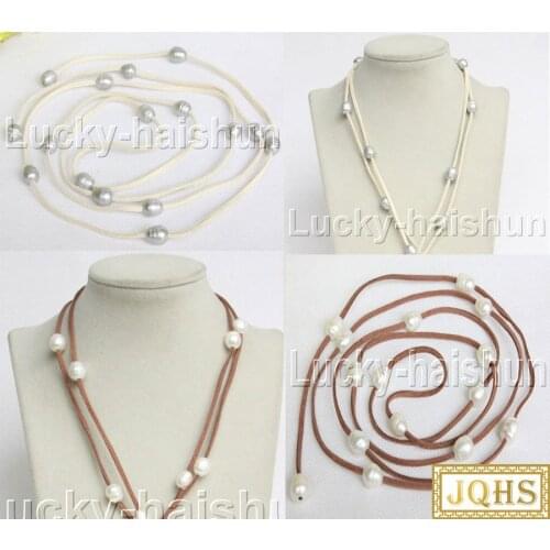 JQHS Long 60" 13mm Baroque Freeform potato white Gray pearls white khaki leather necklace j11809-3