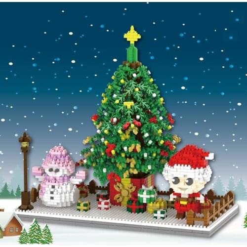 PZX Sakura Tree House Mini Building Blocks Christmas Tree Snowman 3D Model City Micro Diamond Bricks Toys For Kid Gift