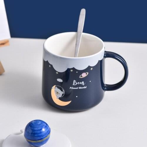 Hand Drawn Planet Mugs Starry Sky Animal Printed Ceramic Water Bottle with Lid Spoon Pure Handmade High Temperature Coffee Cups