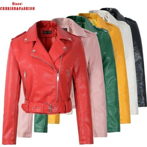 Hot New Autumn Winter Women Motorcycle Faux PU Leather Red Pink Jackets Lady Biker Outerwear Coat with Belt Hot Sale 6 Color