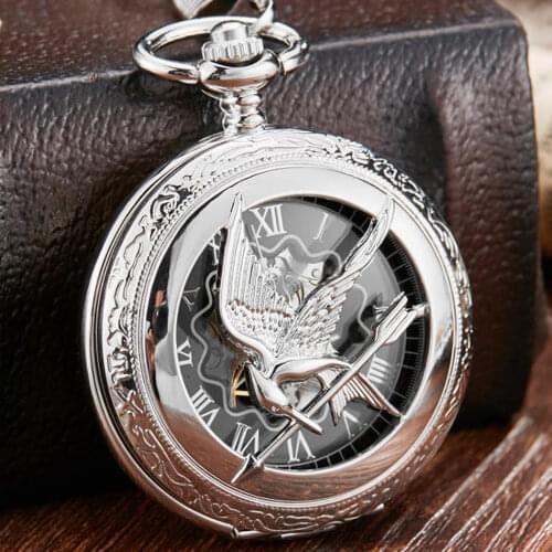 Retro Vintage Hollow The Hunger Games Mockingjay Mockingbird Quartz Pocket Watch Necklace Chain Fashion Silver relogio de bolso