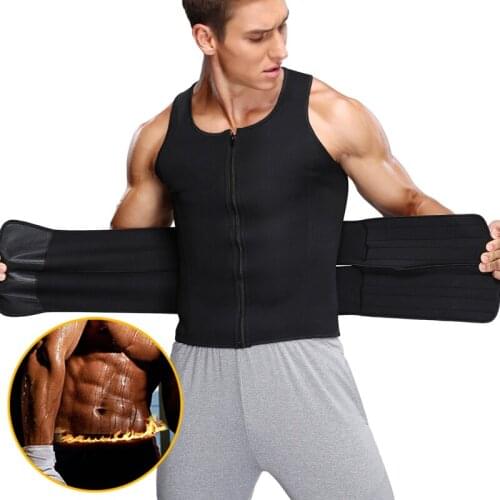 Men Hot Sweat Vest Neoprene Sauna Suit Waist Trainer Zipper Body Shaper With Adjustable Double Slimming Belt Workout Tank Top