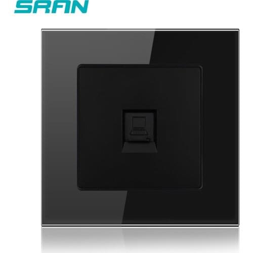 SRAN Wall Internet Socket Crystal Tempered Glass Panel 86mm*86mm RJ45 Socket For Computer Network Card Interface Black A601-030B