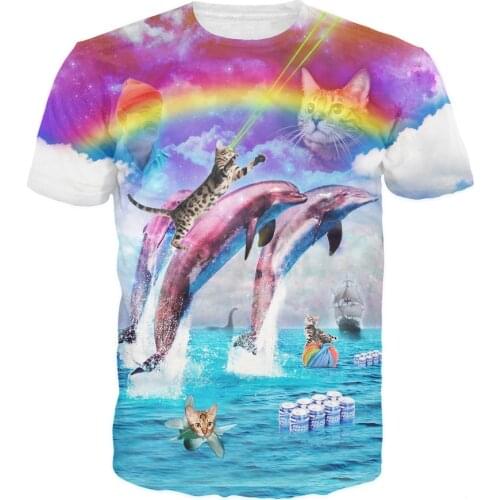 2018 New Harajuku style tshirt Rainbow Dolphin Kitty T-Shirt splash with cats tees women men t shirt tops Free shipping