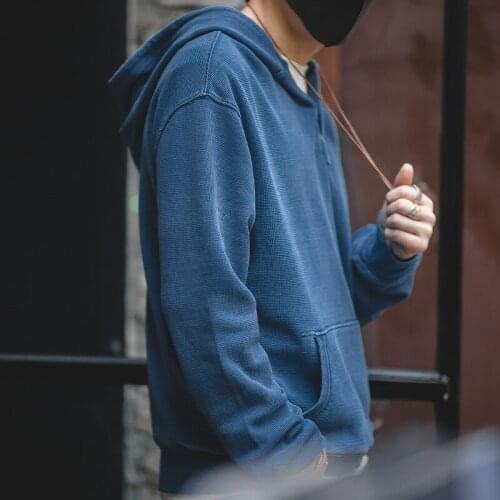 2020 New Casual Hoodie Sweatshirt Spring Autumn Navy Solid Waffle Henley Neck Pullover Hoodied Long Sleeve Sweatshirts