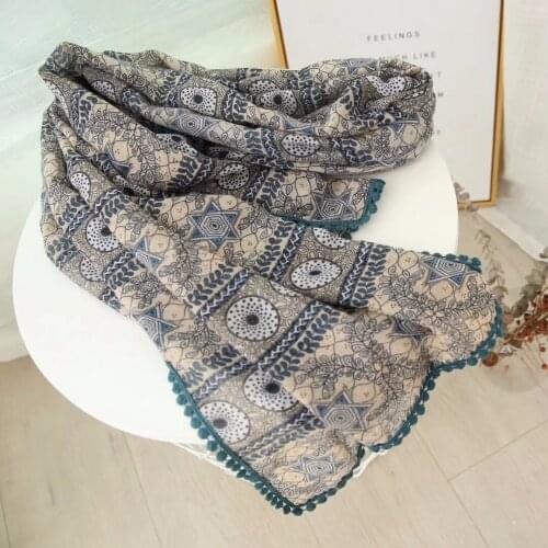 2021 Newest Women Circle Printed Lace Trim Scarf Cotton Scarf
