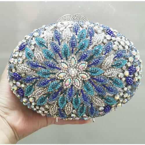 New Arrival Blue/White Rhinestone Clutch Oval-Shape Diamond Crystal Evening Clutches Luxury WHTUOHENG Lady Phone Party Purse