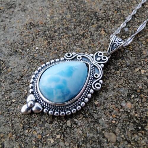 Antique Vintage Designs Pear 18x13mm Natural Dominica Larimar Drop Pendant Necklace in 925 Sterling Silver