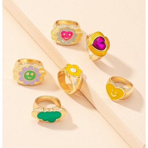 Origin Summer Fashion Multicolor Love Heart Flower Ring for Women Exquisite Smile Face Rhinestone Clouds Party Ring Jewelry