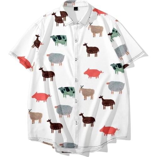 Men Fashion Animal Print Loose Short Sleeve Shirt Casual Buttons Hip Hop Shirt Summer Hawaiian Shirt Male Shirt Top