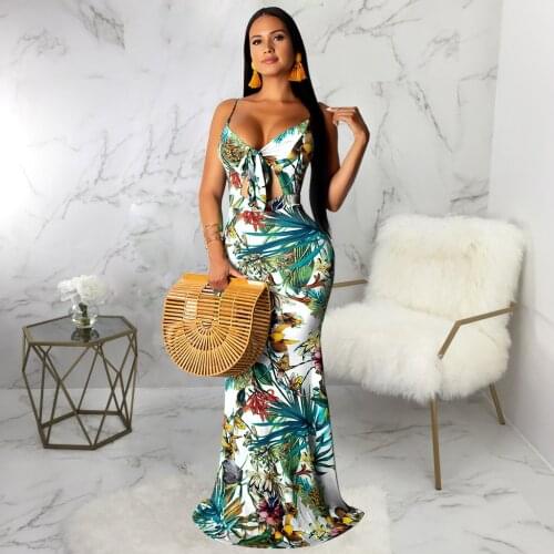 Spaghetti Strap Elegant Mermaid Long Dress Women Floral Print Open Back Bodycon Dress Summer Deep V Neck Beach Dress RV144