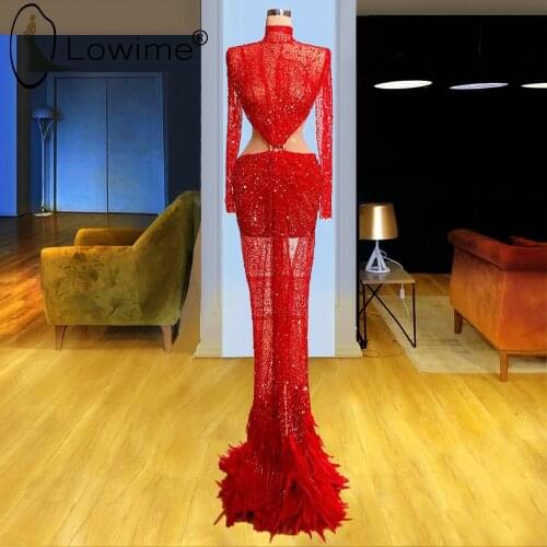 Feathers Red Sparkly Long Sleeve Mermaid Evening Dresses Muslim High Neck Sexy Cut Away Sides Illusion Evening Gowns