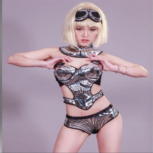 Y37 Reflective women stage dance bodysuit bar singer silver costumes model wears outfit sexy female dress robot suit clothing dj